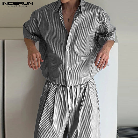 Summer Men's Sets Short Sleeve Tops Stripe Shirt Lapel Tee Loose Casual Shorts INCERUN Fashion 2PCS Suit Short Trousers Oversize