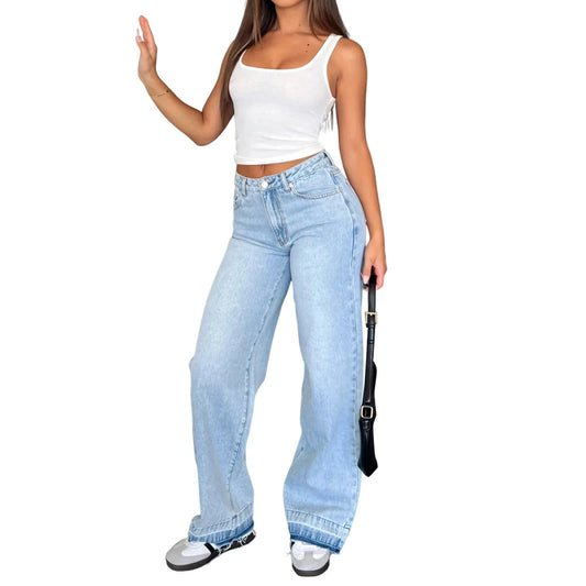 Denim Pant Women Mom Jeans Long Pants Mid Waist Straight Trousers Y2k Streetwear Elegant Splice Club Simple Spring 2025 Blue