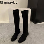 Designer Vintage Women Knee High Boots Fashion Square Low Heel Shoes Concise Slim Long Botas De Mujer