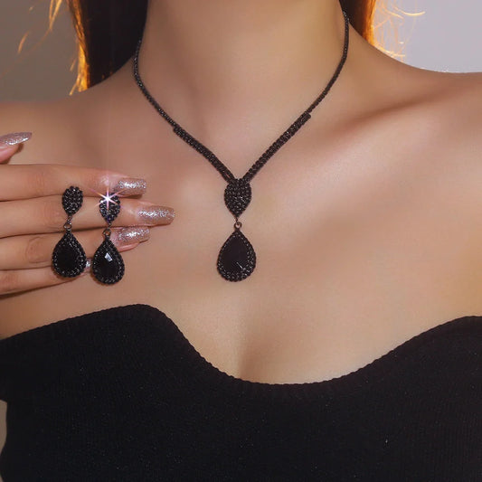 MYYA Water Drop Necklace Earrings Set Black Simple Water-drop Pendant Necklace Earrings Jewelry Set Wedding Prom Party Gift