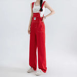Jumpsuits Women Streetwear Red Denim Overalls Vintage Loose Casual Wide Leg Pants High Waist Strap Straight Jeans Trousers New