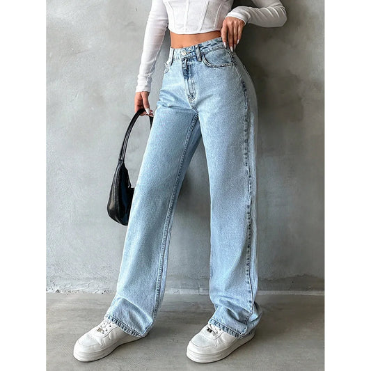 Jeans Wide Leg Pants Women 2025 Streetwear High Waist Washed Distressed Pockets Vintage Full Length Denims Basis Trousers