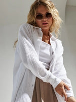 Muslin 100% Cotton Shirt Causal Soild Loose Womens Tops Button Clothing Long Sleeve Elegant Shirts And Blouses Festival Gifts