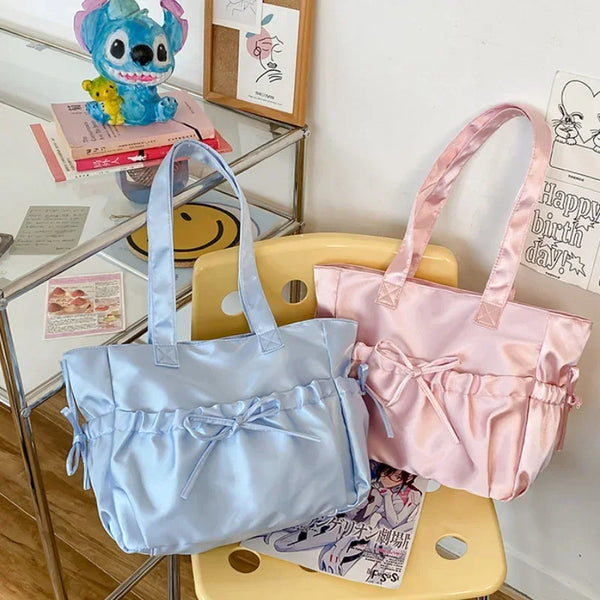 Elegant Bow Womens Shoulder Bag Nylon Pleated Korean Style Fashion Tote Bag Large Capacity Cute Pink Sweet Female Handbag