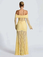 Townlike Pleated Slim Bodycon Maxi Long Dress Women Off Shoulder 2025 Autumn Winter Dress Lace Patchwork Sexy Party Dresses