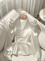 French Elegant Women's Shirt Luxury Waist Cinched White Satin Long Sleeve Shirt for Women Temperament Women's Elegant Blouses