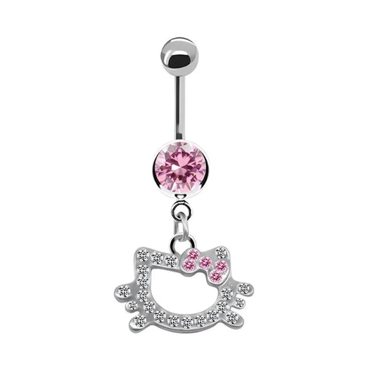 1Pc Stainless Steel Sexy Belly Button Ring For Women,Trendy Pink Cute Cat Design Navel Piercing Jewelry