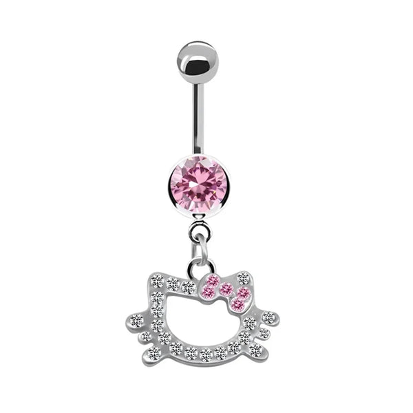 1Pc Stainless Steel Sexy Belly Button Ring For Women,Trendy Pink Cute Cat Design Navel Piercing Jewelry