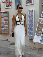 Weird Puss Sexy Elegant Halter Dress Women Summer Backless Lace-Up Color-Block Sleeveless Trendy Nightclub Wild Fashion Clothing