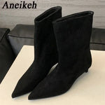 Aneikeh Autumn Fashion High Quality Pointed Toe Vintage Ankle Boots Sexy Thin Low Heel Women Warm Knight Slip On Party Shoes
