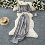 SINGREINY Summer Streetwear Women Sets Lantern Sleeve Off Shoulder Crop Top+High Waist Wide Legs Pants Fashion Sweet  Suits