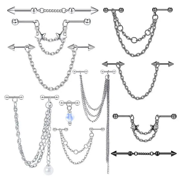 Fashion Stainless Steel Industrial Piercing Long Rod Chain Star Tragus Earrings Jewelry