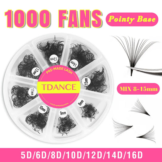 TDANCE 1000 Fans Loose Fan Mixed Length Pointy Base Premade Fans Sharp Thin Slim Medium Stem Volume Russian Eyelashes Extensions
