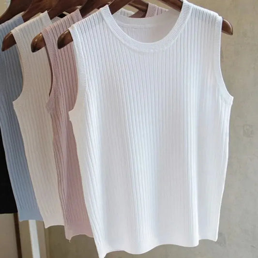 2025 Summer New Fashion Knitted Vests O-neck Sleeveless Casual Thin Tops Sleeveless Blouse Women Shirt