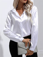 Elegant Turn-Down Collar One Button Satin Long Sleeve Shirt For Women Office Blouse