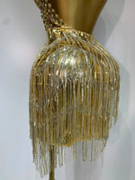 Women Birthday Party Rhinestones Tassels Transparent Short Dress Dance Show 2025 New Sexy Fashion Gold Sparkly Stage Costume
