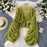 Women Sexy Chiffon Short Blouse Female See Through Super Long Sleeve Blusas Purple/Green/Black/White Folds Party Tops 2022 New