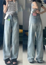 Denim Pant Women Jeans Basics Full Length Straight Wide Leg Pants High Waist Pockets Button Solid Vintage Trousers Casual Denims