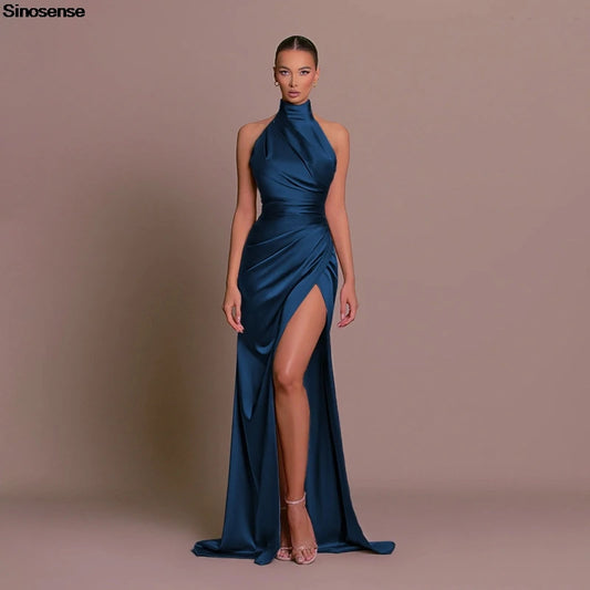 Womens Elegant Long Formal Evening Cocktail Party Dress Sexy High Split Ruched Bodycon Wedding Guest Bridemaid Maxi Dress