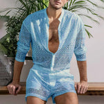 Mens Fashion Set Summer New Hollow Out Sexy Lace Shorts Pattern Print Shirt Two Piece Suits Trendy Elegant Beach Clothes Outfits