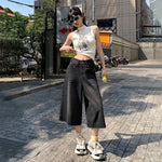 Summer American Style Vintage Women Baggy Jeans Y2k Loose Washed High Waist Knee Length Denim Pants Streetwear Wide Leg Shorts