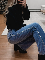 Metal Loose Solid Color Jeans Woman Casual Straight High Waist Long Pants Street Fashion Baggy Women's New Versatile Jeans