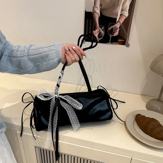 French Elegant Square Bag Korean Bow Decoration Pu High-quality Bag Niche Simple Ballet Style Shoulder Bag New Casual Women Bags
