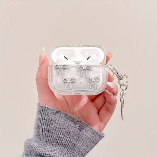 Cute Silver Bowknot Headphones Case with Pendant Clear Protective Shell Shockproof TPU Soft Cover for Airpods 4/3/2/1/pro2/pro