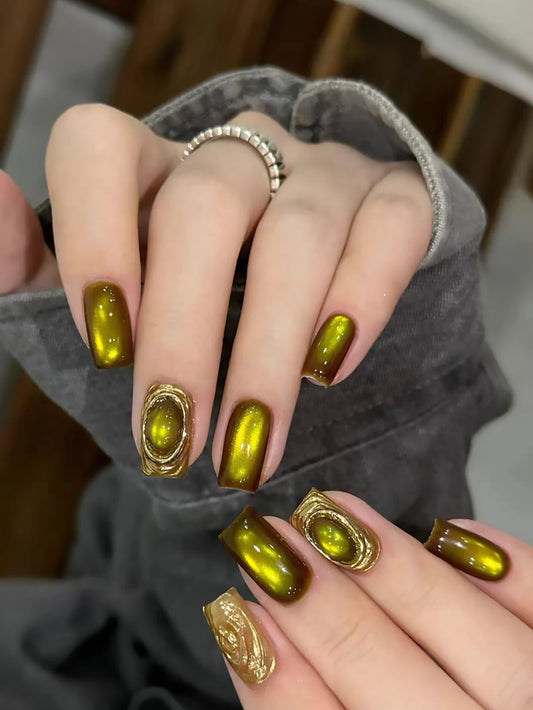 1pcs WS Autumn/Winter Vintage Light Luxury Mustard Green Cat Eye Gel Nail Polish Whitening Glass Beads Nail Art Christmas Nails