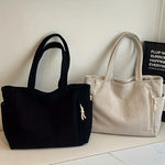 Casual Corduroy Handbag with Zipper Closure Light and Large Capacity Fixed Shoulder Strap Solid Color Daily Commuter Handbag