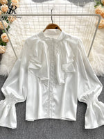 SINGREINY High Quality Satin Loose Shirt Long Flared Sleeves Ruffles O Neck Beading  Women Gentle Office Lady Casual Blouse