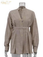 Clacive Vintage Loose Brown Stripe Women Shirts 2025 Fashion Stand Collar Long Sleeve Shirt Elegant Classic Top Female Clothing