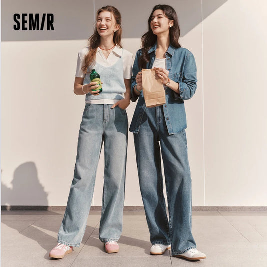 Semir Jeans Women 2024 New Winter Style with Fleece-Lined Floor-Length Trousers Hong Kong Style Wide-Leg Trousers