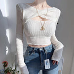 2023 Spring Women Solid Short T-Shirts Sexy Crop Top Long Sleeve Bandage Tee Tops Female Backless Fake Two Tshirt Korean Clothes