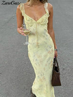 Summer Flower Printed Women's Sexy Low-cut Dress Sleeveless Backless Slim Sling Dresses 2025 Beach Vacation Lady Vestidos