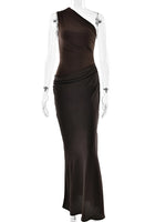 JULISSA MO Patchwork Satin Sexy One Shoulder Women Maxi Dress Brown Sleeveless Evening Dress Summer Slim Elegant Party Clubwear