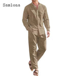 Plus Size Mens Casual Cotton Two Piece Sets 2025 Europe Style Vintage Basic Tops and Solid Pants Suit Male Beach Tracksuits Set