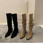 Vintage Pleated Woman Knee High Boot Elegant Low Heel Autumn Winter Shoes Ladies Pointed Toe Knight Long Booties