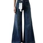 Women's Autumn New Fashion Retro Micro-flared Jeans, Solid Color High-waisted Straight Wide Leg Pants, Loose Floor-length Jeans