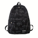 Reflective Graffiti-Style Large Capacity Backpack - Durable Nylon, Casual College & High School Bag with Laptop Compartment, Hand-Washable, Black with White & Gray Graphics, Backpack for School