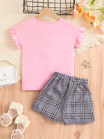 2pcs Girls Figure Graphic T-Shirts Round Neck Ruffle Sleeve Tees Top & Elastic Waist Bow Plaid Shorts Set Kids Summer Clothes