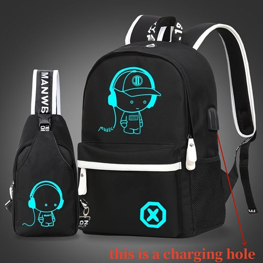 2pcs Simple And Large Capacity Casual Backpack Travel Backpack School Bag, Cartoon Print Crossbody Bag Chest Bag [Without Data Cable, Slightly Different Shoulder Straps