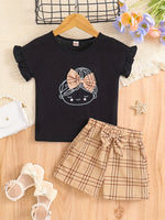 2pcs Girls Figure Graphic T-Shirts Round Neck Ruffle Sleeve Tees Top & Elastic Waist Bow Plaid Shorts Set Kids Summer Clothes