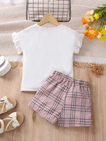 2pcs Girls Figure Graphic T-Shirts Round Neck Ruffle Sleeve Tees Top & Elastic Waist Bow Plaid Shorts Set Kids Summer Clothes