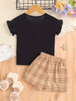 2pcs Girls Figure Graphic T-Shirts Round Neck Ruffle Sleeve Tees Top & Elastic Waist Bow Plaid Shorts Set Kids Summer Clothes