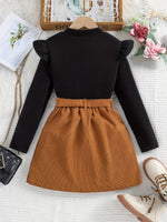 Girl's Casual 2pcs, Ribbed Long Sleeve Top & Belted Corduroy Skirt Set, Button Decor Outfits, Kids Outdoor Clothes For Spring Autumn