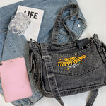 1pc Y2K Fashion Canvas Tote Bag, Preppy Dark Grey with Chain & Embroidery, Lightweight & Foldable, Zipper Closure, Polyester Lined, Adjustable Shoulder Strap, Large Capacity Crossbody School Bag