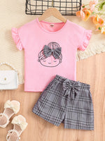 2pcs Girls Figure Graphic T-Shirts Round Neck Ruffle Sleeve Tees Top & Elastic Waist Bow Plaid Shorts Set Kids Summer Clothes