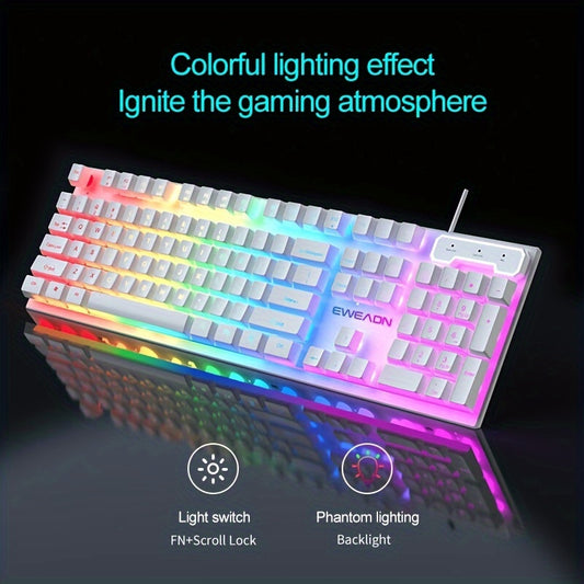 EWEADN Silent Wired Gaming Keyboard, 104-Key Full Size Rainbow LED Backlit, Quiet Typing, Plug & Play, Durable & Lightweight, Ideal for Gamers and Typists, Windows PC Laptop Office Home Use, White, Office Keyboard | Rainbow B