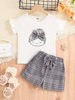 2pcs Girls Figure Graphic T-Shirts Round Neck Ruffle Sleeve Tees Top & Elastic Waist Bow Plaid Shorts Set Kids Summer Clothes